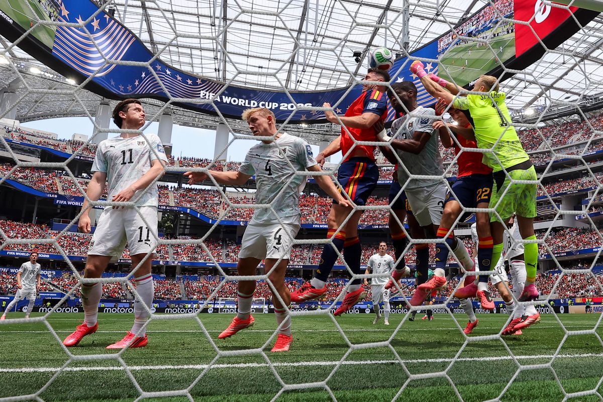 Aymeric Laporte #14 of Spain heads the ball above the fray in front of the goal during a FIFA World Cup 2026 match against Austria, Thursday July 2, 2026 in Inglewood, Calif. Aymeric Laporte #14 of Spain heads the ball above the fray in front of the goal during a FIFA World Cup 2026 match against Austria, Thursday July 2, 2026 in Inglewood, Calif.