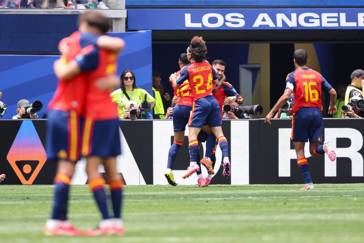 Spain players celebrate a goal during a FIFA World Cup 2026 match against Austria, Thursday July 2, 2026 in Inglewood, Calif. Spain players celebrate a goal during a FIFA World Cup 2026 match against Austria, Thursday July 2, 2026 in Inglewood, Calif.
