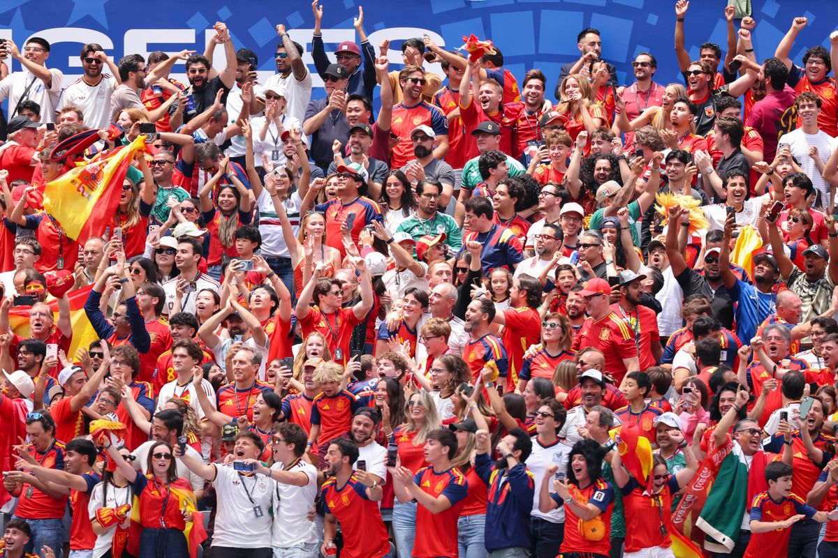 Spain fans celebrate a goal during a 2026 FIFA World Cup match between Spain and Austria, Thursday July 2, 2026 in Inglewood, Calif. Spain fans celebrate a goal during a 2026 FIFA World Cup match between Spain and Austria, Thursday July 2, 2026 in Inglewood, Calif.