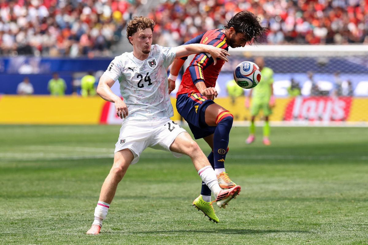 Paul Wanner #24 of Austria and Ferrán Torres #7 of Spain compete for the ball during a 2026 FIFA World Cup match, Thursday July 2, 2026 in Inglewood, Calif. Paul Wanner #24 of Austria and Ferrán Torres #7 of Spain compete for the ball during a 2026 FIFA World Cup match, Thursday July 2, 2026 in Inglewood, Calif.
