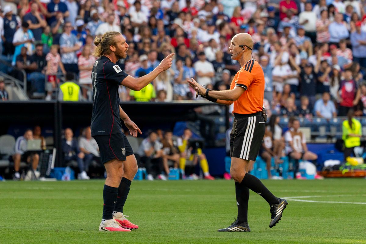 #13 Tim Ream of the United States complaining to the ref during a FIFA World Cup match against Belgium, Monday July 6th, 2026 in Seattle, Washington. #13 Tim Ream of the United States complaining to the ref during a FIFA World Cup match against Belgium, Monday July 6th, 2026 in Seattle, Washington.