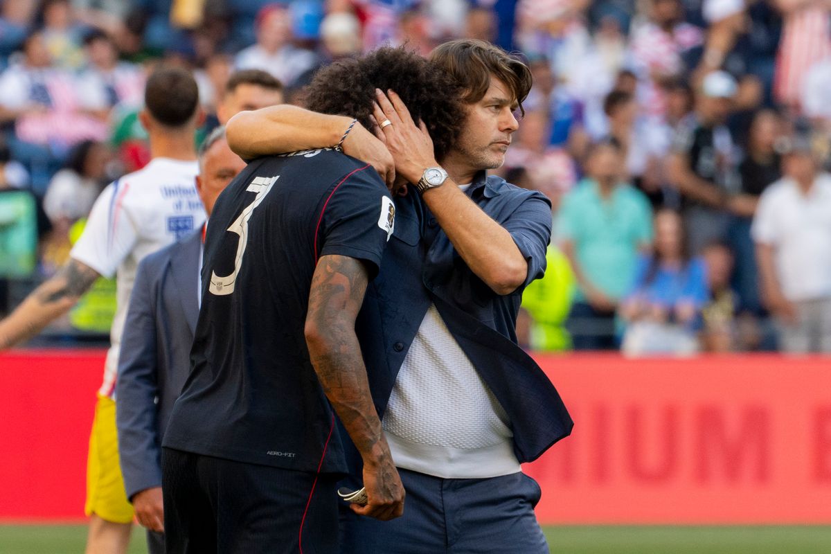 #3 Chris Richards and coach Mauricio Pochettino of the United States after a FIFA World Cup match against Belgium, Monday July 6th, 2026 in Seattle, Washington. #3 Chris Richards and coach Mauricio Pochettino of the United States after a FIFA World Cup match against Belgium, Monday July 6th, 2026 in Seattle, Washington.
