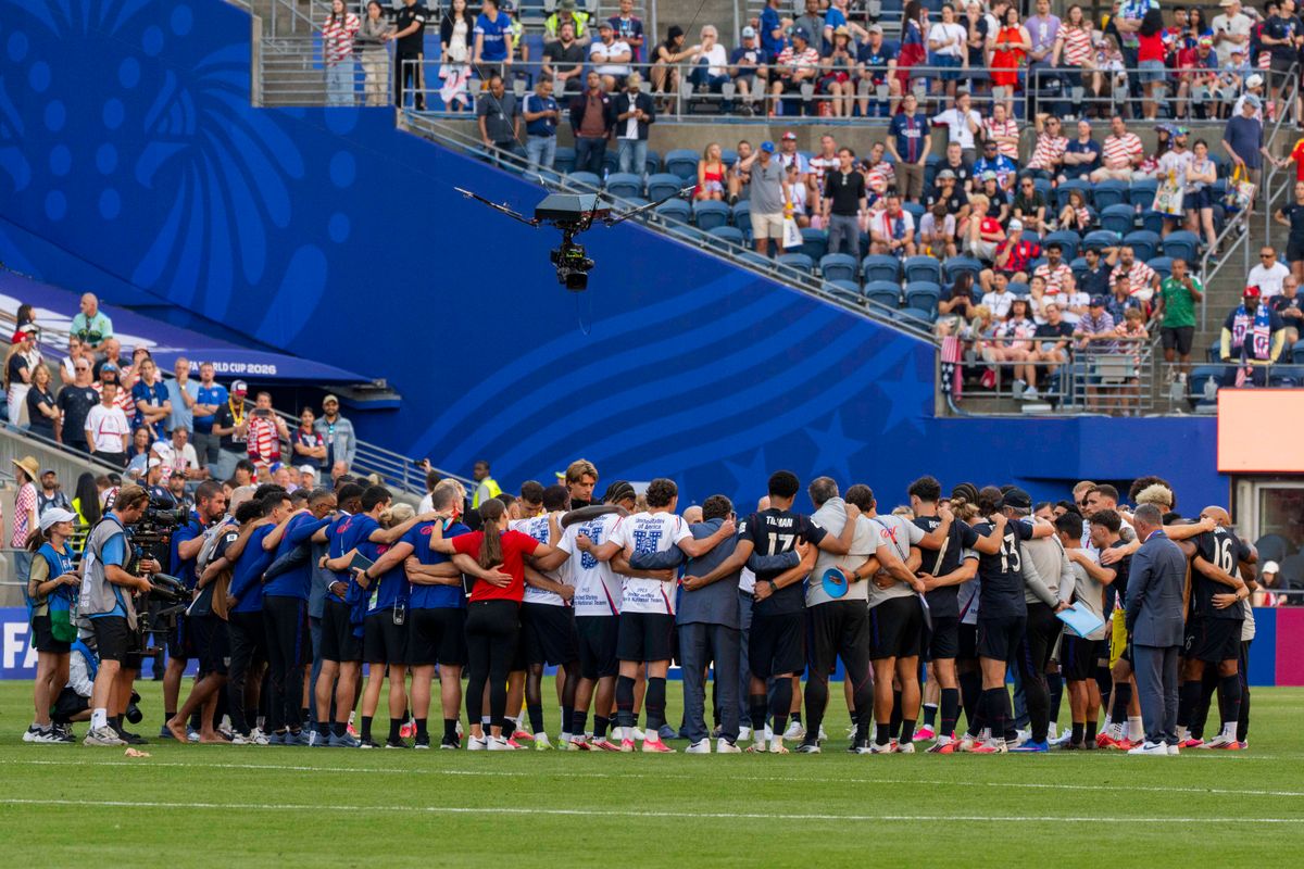 The United States team huddles up after their FIFA World Cup match against Belgium, Monday July 6th, 2026 in Seattle, Washington. The United States team huddles up after their FIFA World Cup match against Belgium, Monday July 6th, 2026 in Seattle, Washington.