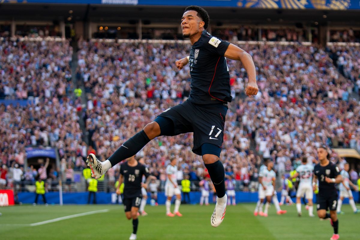 #17 Malik Tillman of the United States celebrates his goal during a FIFA World Cup match against Belgium, Monday July 6th, 2026 in Seattle, Washington. #17 Malik Tillman of the United States celebrates his goal during a FIFA World Cup match against Belgium, Monday July 6th, 2026 in Seattle, Washington.