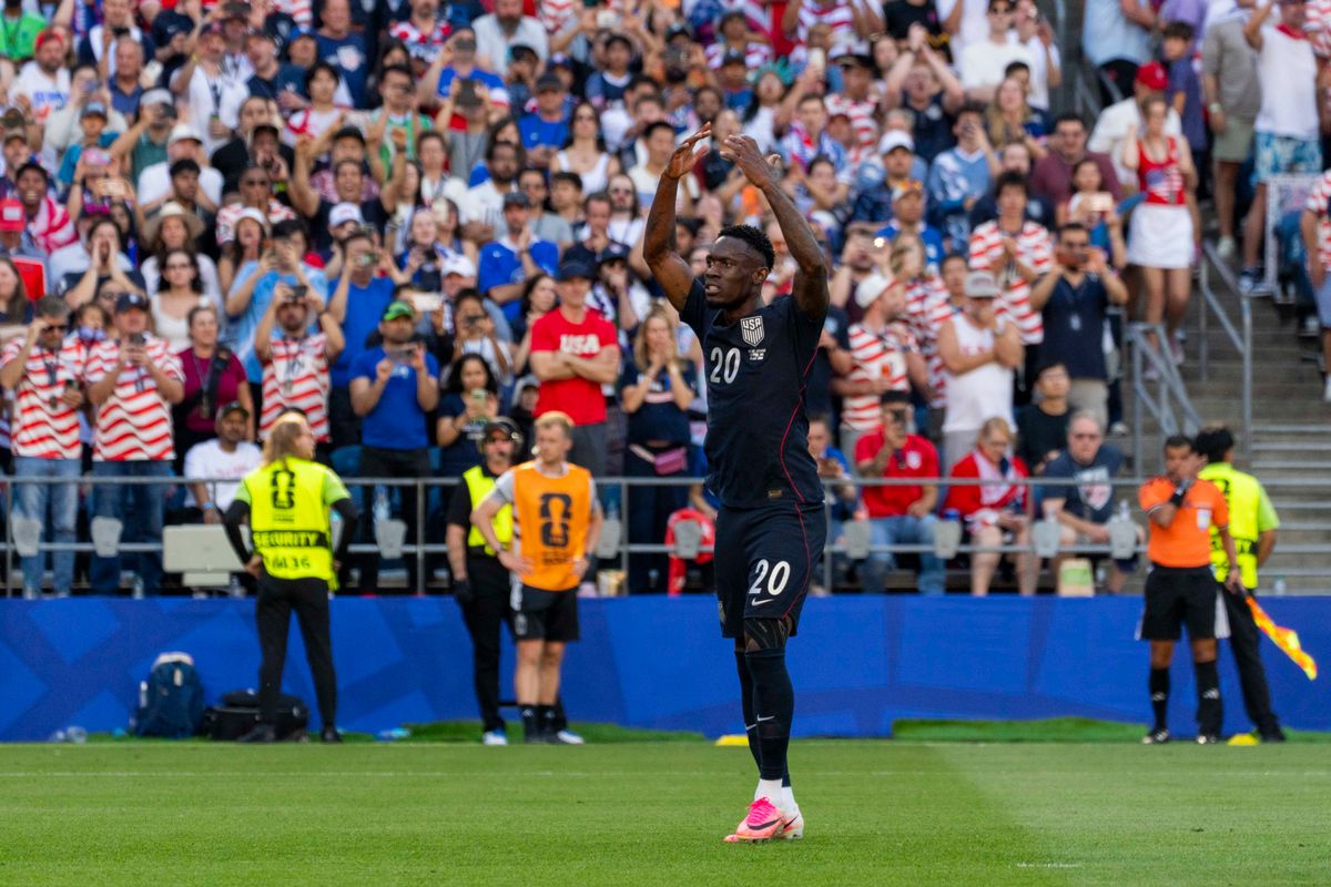 #20 Folarin Balogun of the United States pumps up the crowd during a FIFA World Cup match against Belgium, Monday July 6th, 2026 in Seattle, Washington. #20 Folarin Balogun of the United States pumps up the crowd during a FIFA World Cup match against Belgium, Monday July 6th, 2026 in Seattle, Washington.