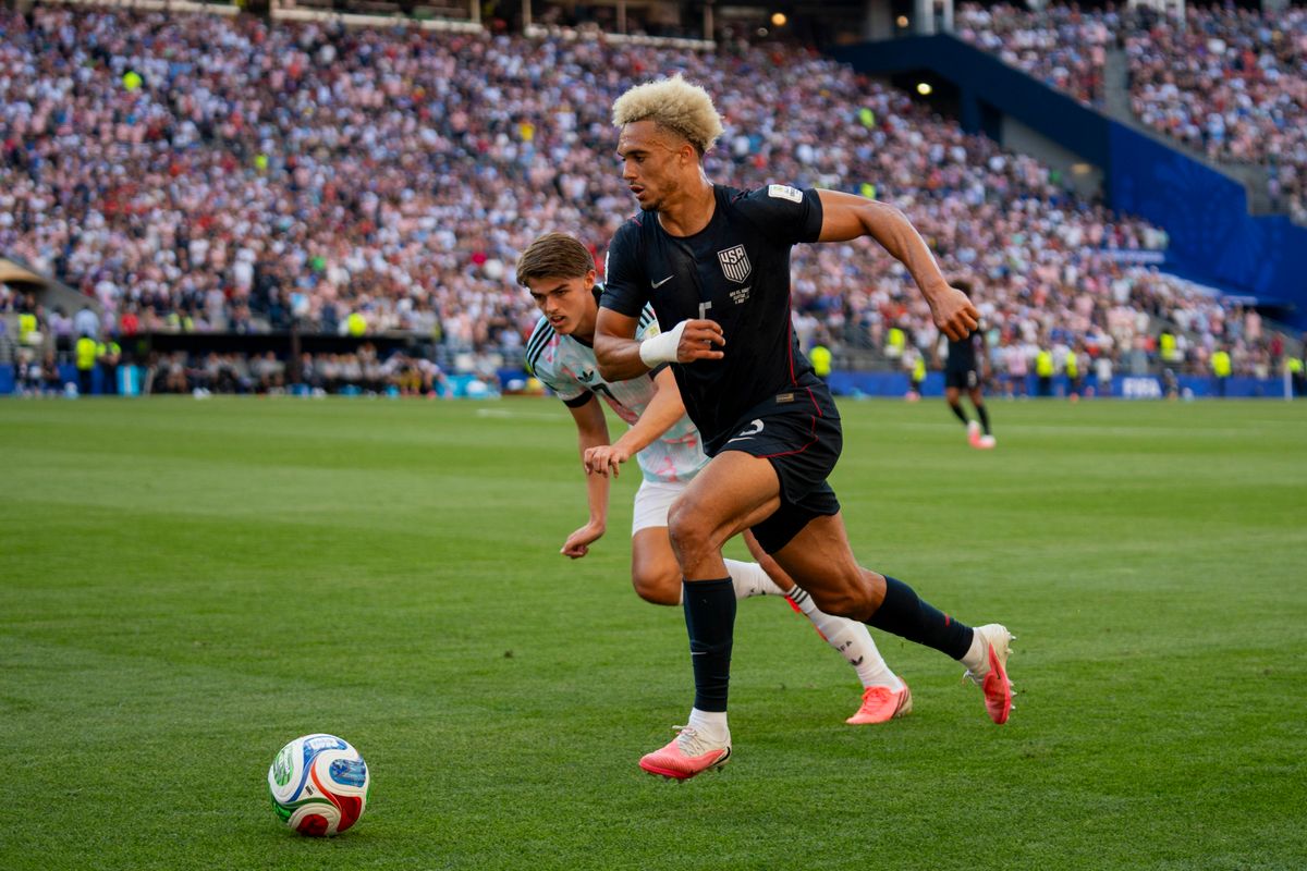 #5 Antonee Robinson of the United States beats his defender during a FIFA World Cup match against Belgium, Monday July 6th, 2026 in Seattle, Washington. #5 Antonee Robinson of the United States beats his defender during a FIFA World Cup match against Belgium, Monday July 6th, 2026 in Seattle, Washington.