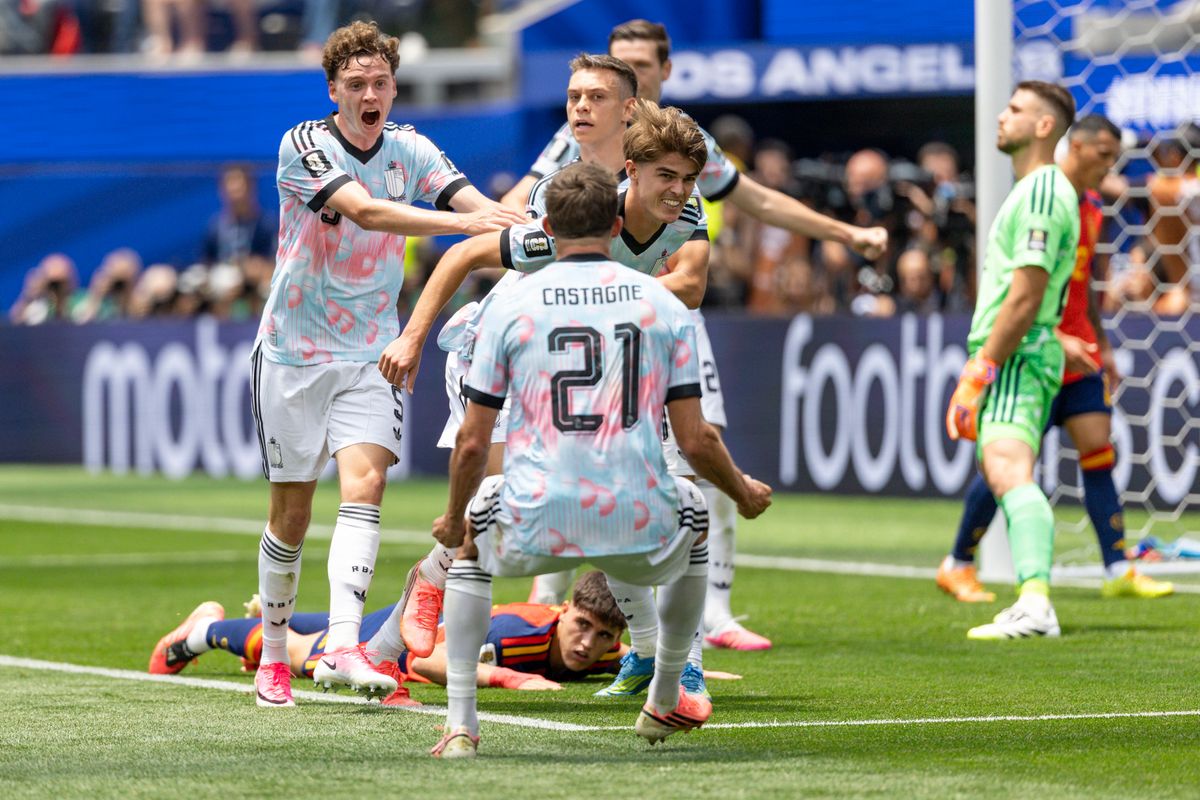 Belgium players celebrate a goal during a 2026 FIFA World Cup match against Spain, Friday July 10, 2026 in Inglewood, Calif. Belgium players celebrate a goal during a 2026 FIFA World Cup match against Spain, Friday July 10, 2026 in Inglewood, Calif.