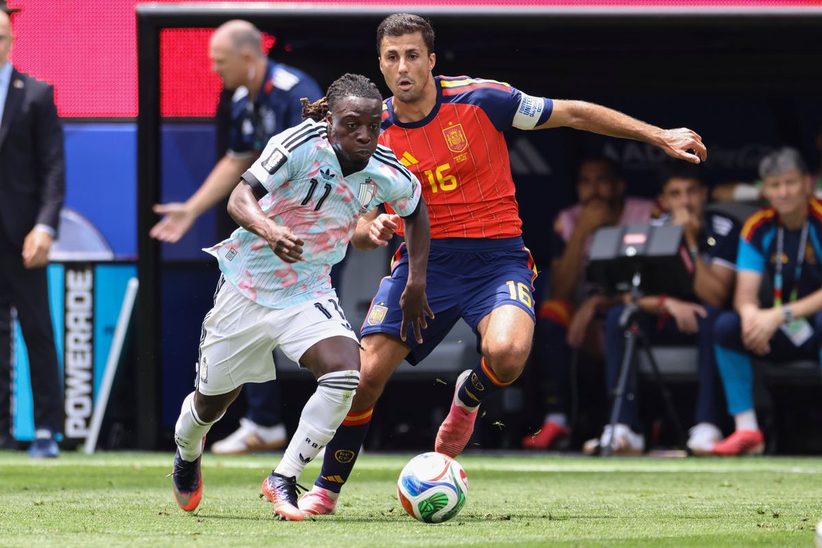 Jérémy Doku #11 of Belgium controls the ball as Rodri #16 of Spain defends during a 2026 FIFA World Cup match, Friday July 10, 2026 in Inglewood, Calif. Jérémy Doku #11 of Belgium controls the ball as Rodri #16 of Spain defends during a 2026 FIFA World Cup match, Friday July 10, 2026 in Inglewood, Calif.