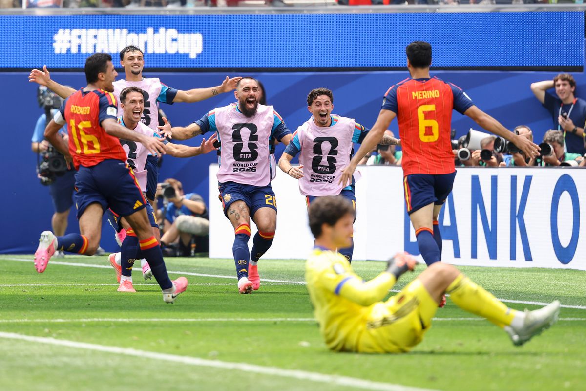 Spain players celebrate the game-winning goal during a FIFA World Cup 2026 match against Belgium, Friday July 10, 2026 in Inglewood, Calif. Spain players celebrate the game-winning goal during a FIFA World Cup 2026 match against Belgium, Friday July 10, 2026 in Inglewood, Calif.