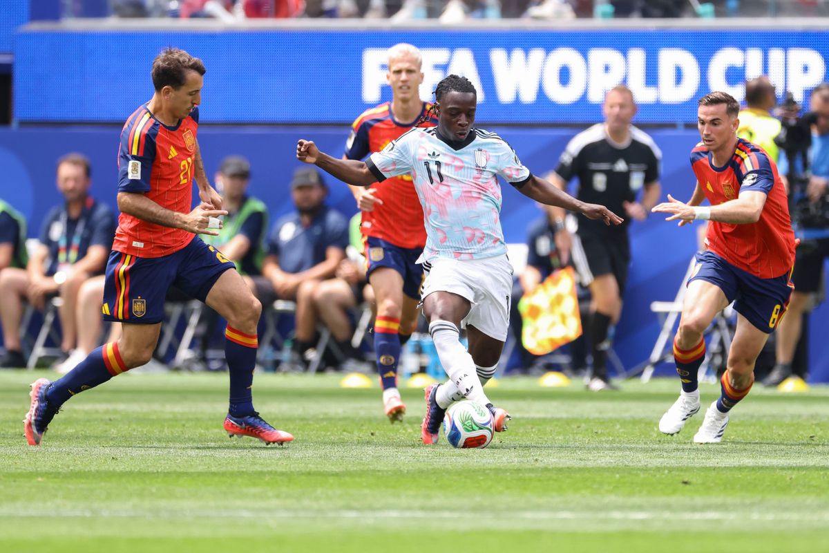 Jérémy Doku #11 of Belgium controls the ball as the Spain defense surrounds him during a 2026 FIFA World Cup match, Friday July 10, 2026 in Inglewood, Calif. Jérémy Doku #11 of Belgium controls the ball as the Spain defense surrounds him during a 2026 FIFA World Cup match, Friday July 10, 2026 in Inglewood, Calif.