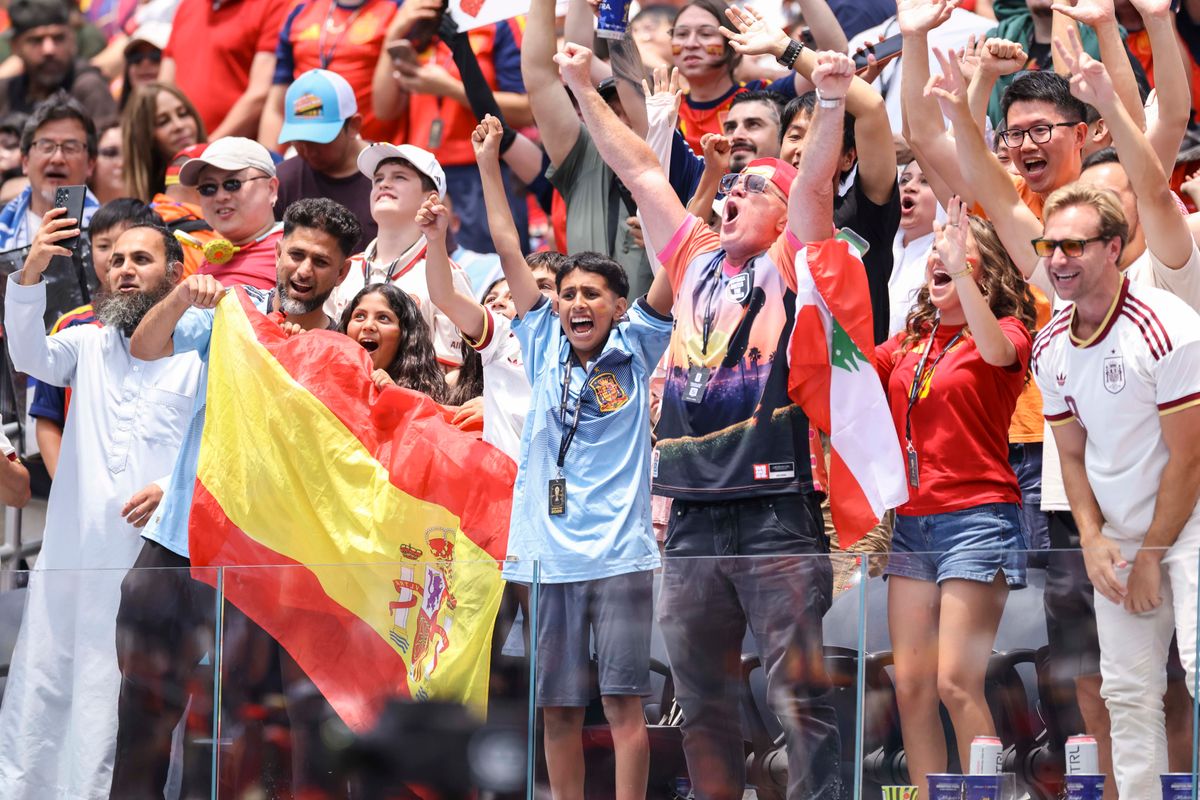 Spain fans celebrate a goal during a 2026 FIFA World Cup match between Spain and Belgium, Friday July 10, 2026 in Inglewood, Calif. Spain fans celebrate a goal during a 2026 FIFA World Cup match between Spain and Belgium, Friday July 10, 2026 in Inglewood, Calif.