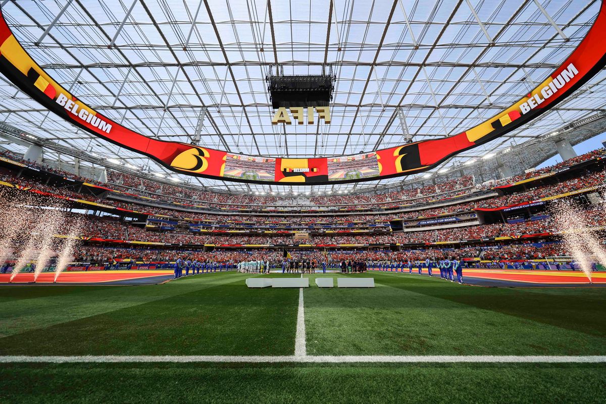 The national anthem of Belgium is played before a 2026 FIFA World Cup match between Spain and Belgium, Friday July 10, 2026 in Inglewood, Calif. The national anthem of Belgium is played before a 2026 FIFA World Cup match between Spain and Belgium, Friday July 10, 2026 in Inglewood, Calif.
