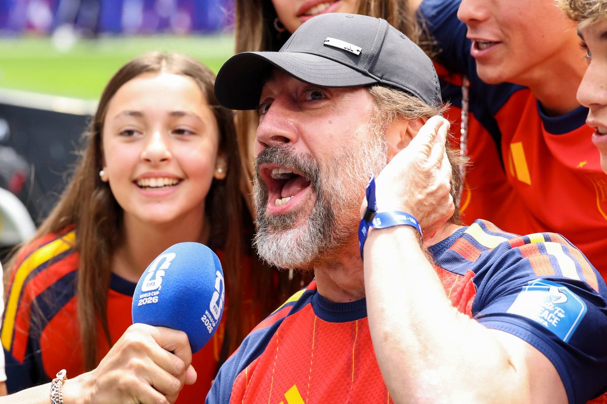 Actor Javier Bardem fires up the crowd before a 2026 FIFA World Cup match between Spain and Belgium, Friday July 10, 2026 in Inglewood, Calif. Actor Javier Bardem fires up the crowd before a 2026 FIFA World Cup match between Spain and Belgium, Friday July 10, 2026 in Inglewood, Calif.