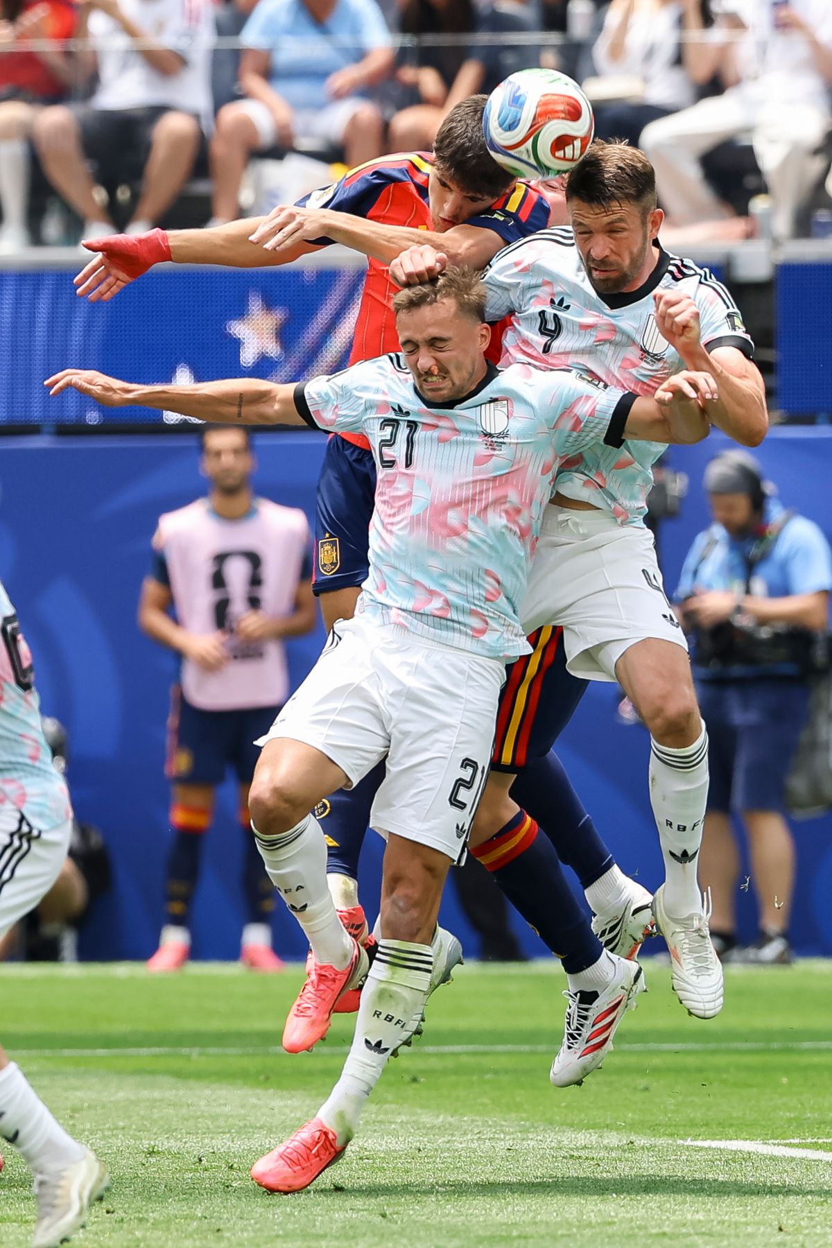 Timothy Castagne #21 and Brandon Mechele #4 of Belgium compete for a header with Pau Cubarsí #22 of Spain during a 2026 FIFA World Cup match, Friday July 10, 2026 in Inglewood, Calif. Timothy Castagne #21 and Brandon Mechele #4 of Belgium compete for a header with Pau Cubarsí #22 of Spain during a 2026 FIFA World Cup match, Friday July 10, 2026 in Inglewood, Calif.