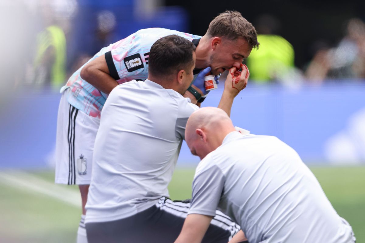 Timothy Castagne #21 of Belgium receives medical care after getting a bloody nose during a 2026 FIFA World Cup match against Spain, Friday July 10, 2026 in Inglewood, Calif. Timothy Castagne #21 of Belgium receives medical care after getting a bloody nose during a 2026 FIFA World Cup match against Spain, Friday July 10, 2026 in Inglewood, Calif.