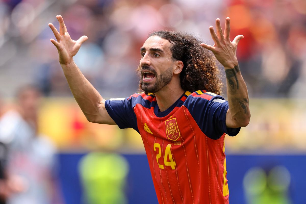 Marc Cucurella #24 of Spain reacts to a non-call during a FIFA World Cup 2026 match against Belgium, Friday July 10, 2026 in Inglewood, Calif. Marc Cucurella #24 of Spain reacts to a non-call during a FIFA World Cup 2026 match against Belgium, Friday July 10, 2026 in Inglewood, Calif.