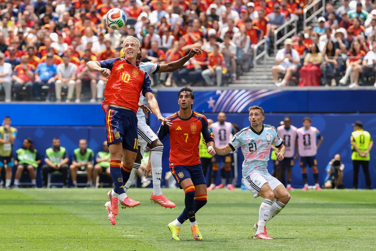 Dani Olmo #10 of Spain heads the ball during a FIFA World Cup 2026 match against Belgium, Friday July 10, 2026 in Inglewood, Calif. Dani Olmo #10 of Spain heads the ball during a FIFA World Cup 2026 match against Belgium, Friday July 10, 2026 in Inglewood, Calif.