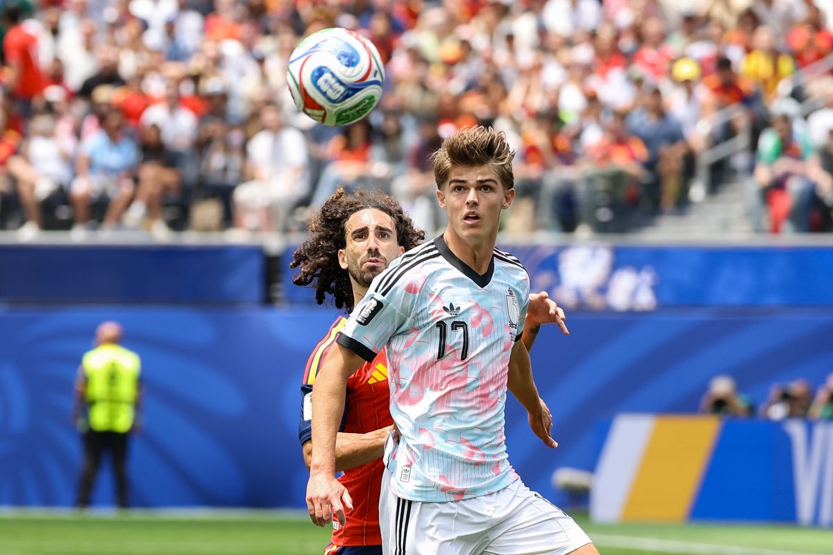 Marc Cucurella #24 of Spain and Charles de Ketelaere #17 of Belgium watch the ball during a 2026 FIFA World Cup match, Friday July 10, 2026 in Inglewood, Calif. Marc Cucurella #24 of Spain and Charles de Ketelaere #17 of Belgium watch the ball during a 2026 FIFA World Cup match, Friday July 10, 2026 in Inglewood, Calif.