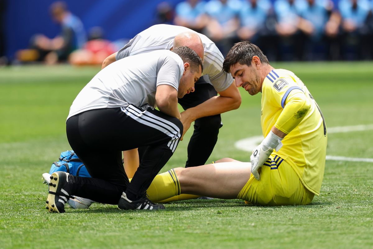 Thibaut Courtois #1 of Belgium receives medical care after getting injured during a 2026 FIFA World Cup match against Spain, Friday July 10, 2026 in Inglewood, Calif. Thibaut Courtois #1 of Belgium receives medical care after getting injured during a 2026 FIFA World Cup match against Spain, Friday July 10, 2026 in Inglewood, Calif.