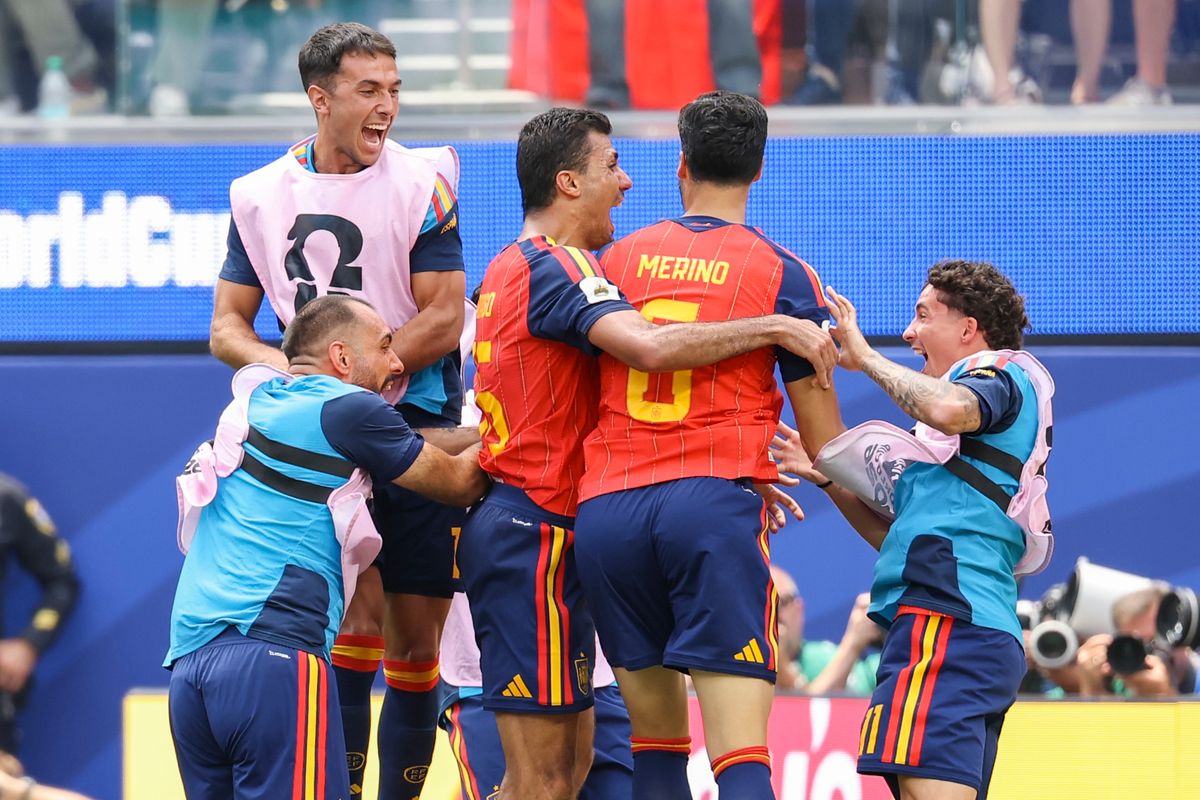 Spain players celebrate the game-winning goal during a FIFA World Cup 2026 match against Belgium, Friday July 10, 2026 in Inglewood, Calif. Spain players celebrate the game-winning goal during a FIFA World Cup 2026 match against Belgium, Friday July 10, 2026 in Inglewood, Calif.