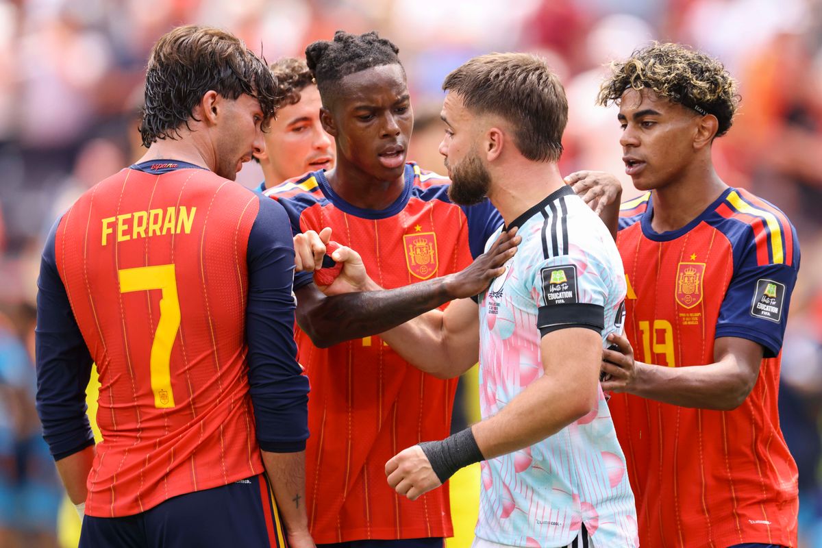 Nicolas Raskin #23 of Belgium and Ferrán Torres #7 of Spain have a disagreement after the final whistle following a 2026 FIFA World Cup match, Friday July 10, 2026 in Inglewood, Calif. Nicolas Raskin #23 of Belgium and Ferrán Torres #7 of Spain have a disagreement after the final whistle following a 2026 FIFA World Cup match, Friday July 10, 2026 in Inglewood, Calif.