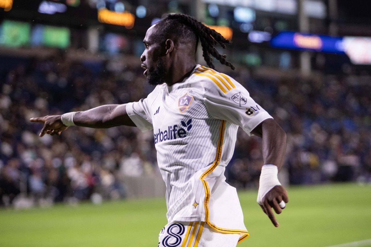 Los Angeles Galaxy forward Joseph Paintsil (28) points during the game against the San Jose Earthquakes on Wednesday, May 28, 2025, at Dignity Health Sports Park in Carson, CA.