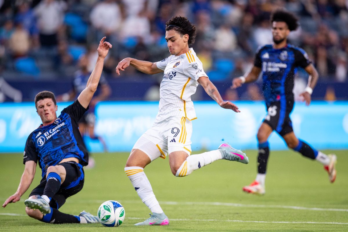 Los Angeles Galaxy forward Matheus Nascimento (9) attempts a goal during the game against the San Jose Earthquakes on Wednesday, May 28, 2025, at Dignity Health Sports Park in Carson, CA.