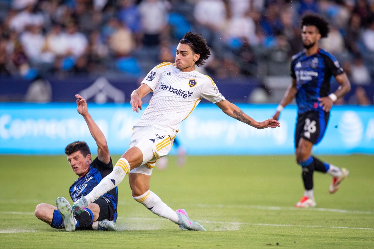 Los Angeles Galaxy forward Matheus Nascimento (9) attempts a goal during the game against the San Jose Earthquakes on Wednesday, May 28, 2025, at Dignity Health Sports Park in Carson, CA.