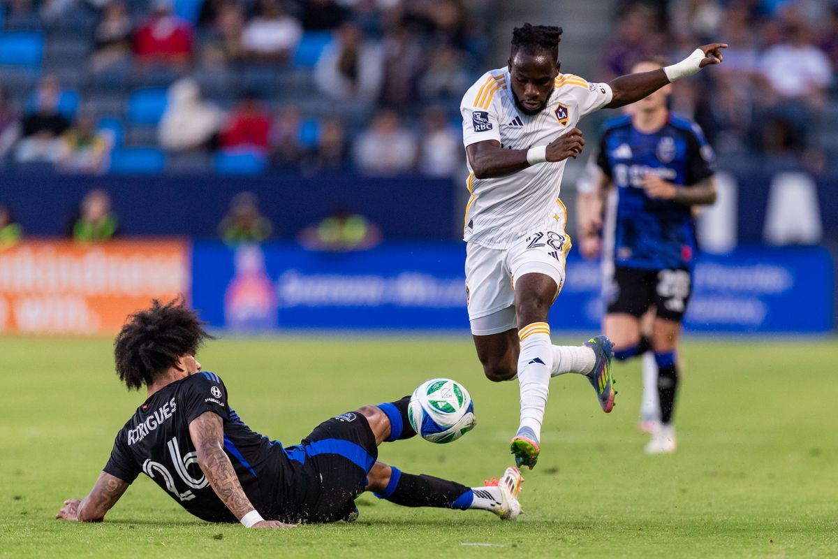 Los Angeles Galaxy forward Joseph Paintsil (28) jumps over San Jose Earthquakes player during the game against the San Jose Earthquakes on Wednesday, May 28, 2025, at Dignity Health Sports Park in Carson, CA.