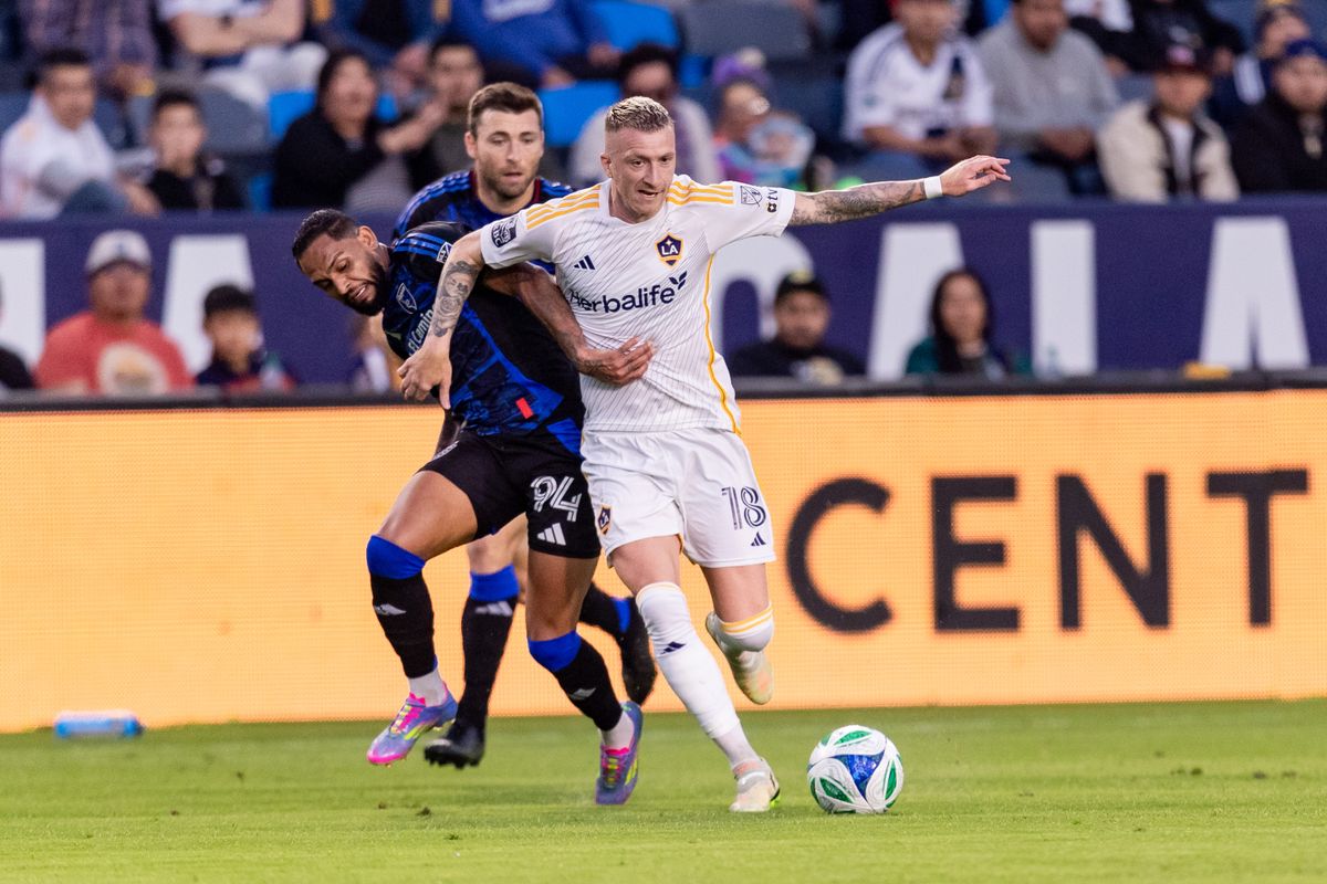 Los Angeles Galaxy forward Marco Reus (18) fights for ball during the game against the San Jose Earthquakes on Wednesday, May 28, 2025, at Dignity Health Sports Park in Carson, CA.