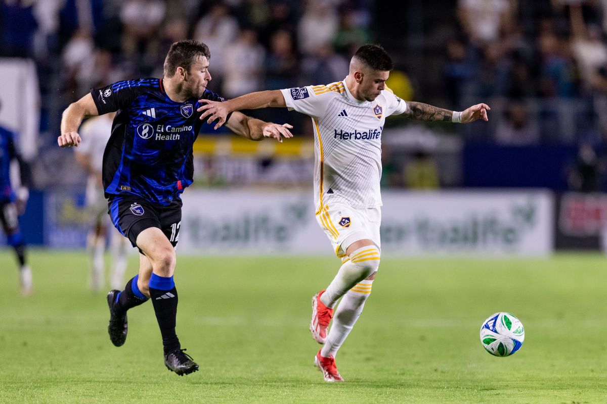 Los Angeles Galaxy forward Gabriel Pec (11) fights for the ball during the game against the San Jose Earthquakes on Wednesday, May 28, 2025, at Dignity Health Sports Park in Carson, CA.