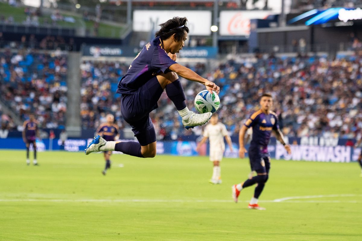 Los Angeles Galaxy defender Miki Yamane (2) jumps to trap a high pass during an MLS match against D.C. United, Saturday July 12, 2025 in Carson, Calif.