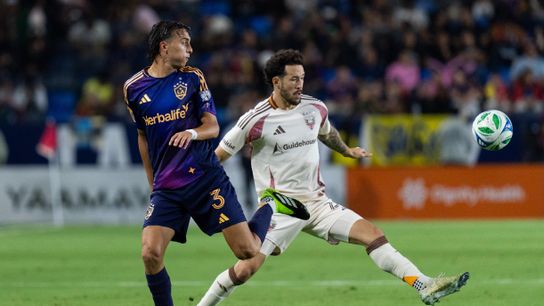 Los Angeles Galaxy defencer Julian Aude (3) back heels a pass during an MLS match against D.C. United, Saturday July 12, 2025 in Carson, Calif.