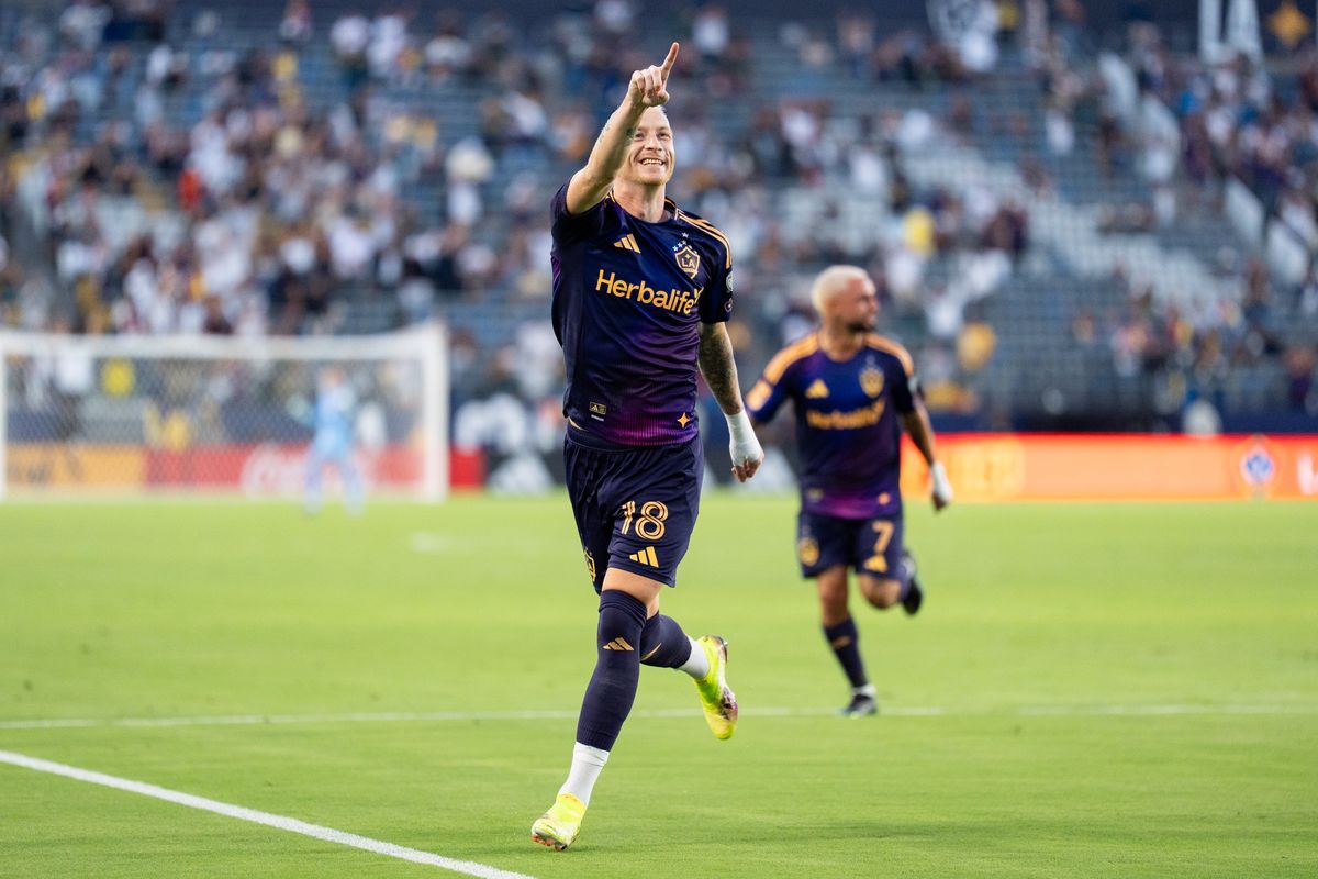 Los Angeles Galaxy midfielder Marco Reus (18) celebrates a goal during an MLS match against D.C. United, Saturday July 12, 2025 in Carson, Calif.
