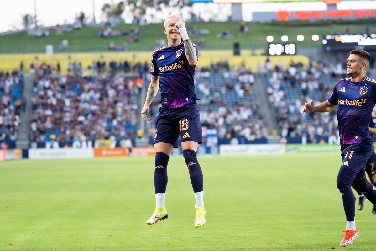 Los Angeles Galaxy midfielder Marco Reus (18) celebrates a goal during an MLS match against D.C. United, Saturday July 12, 2025 in Carson, Calif.