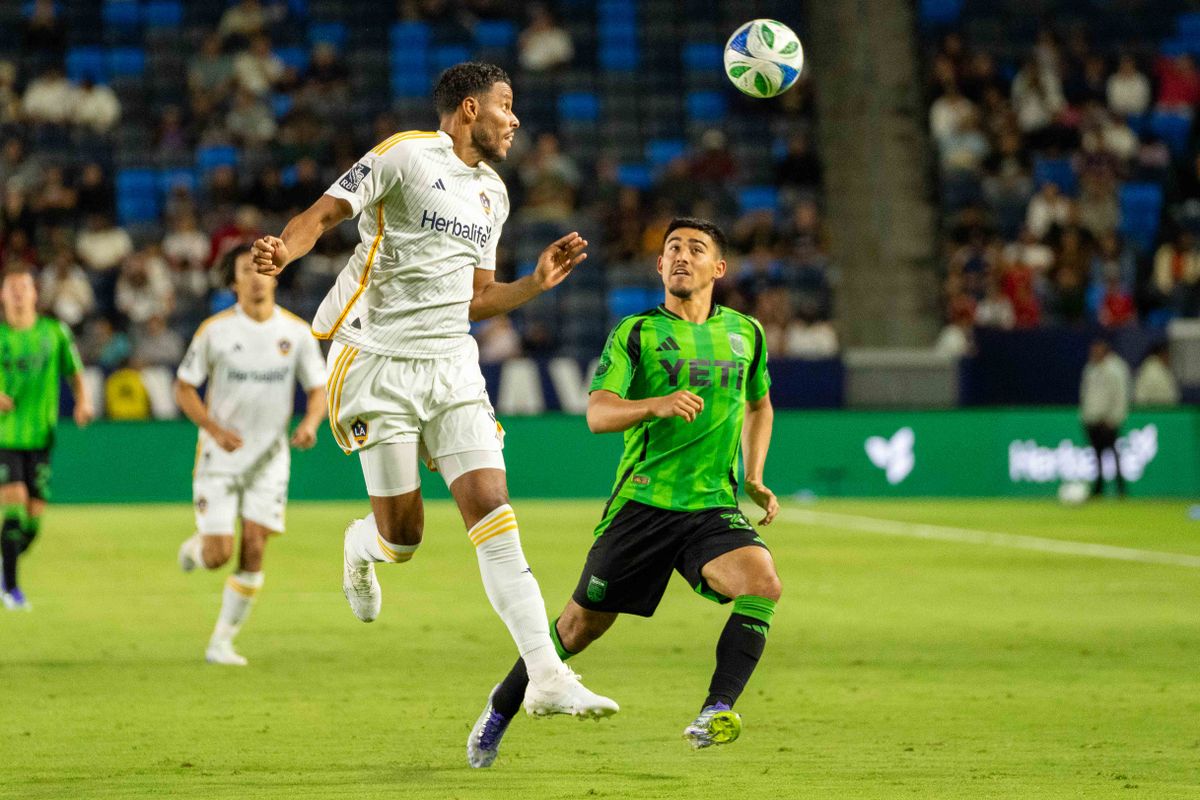 LA Galaxy center back Zanka (5) fights for the ball at an MLS game against Austin FC on July 16th, 2025 in Carson, California