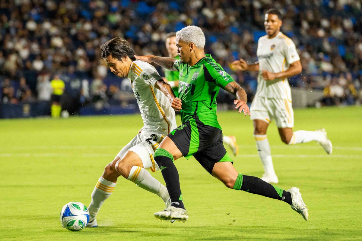 LA Galaxy right back Miki Yamane (2) fights for the ball at an MLS game against Austin FC on July 16th, 2025 in Carson, California