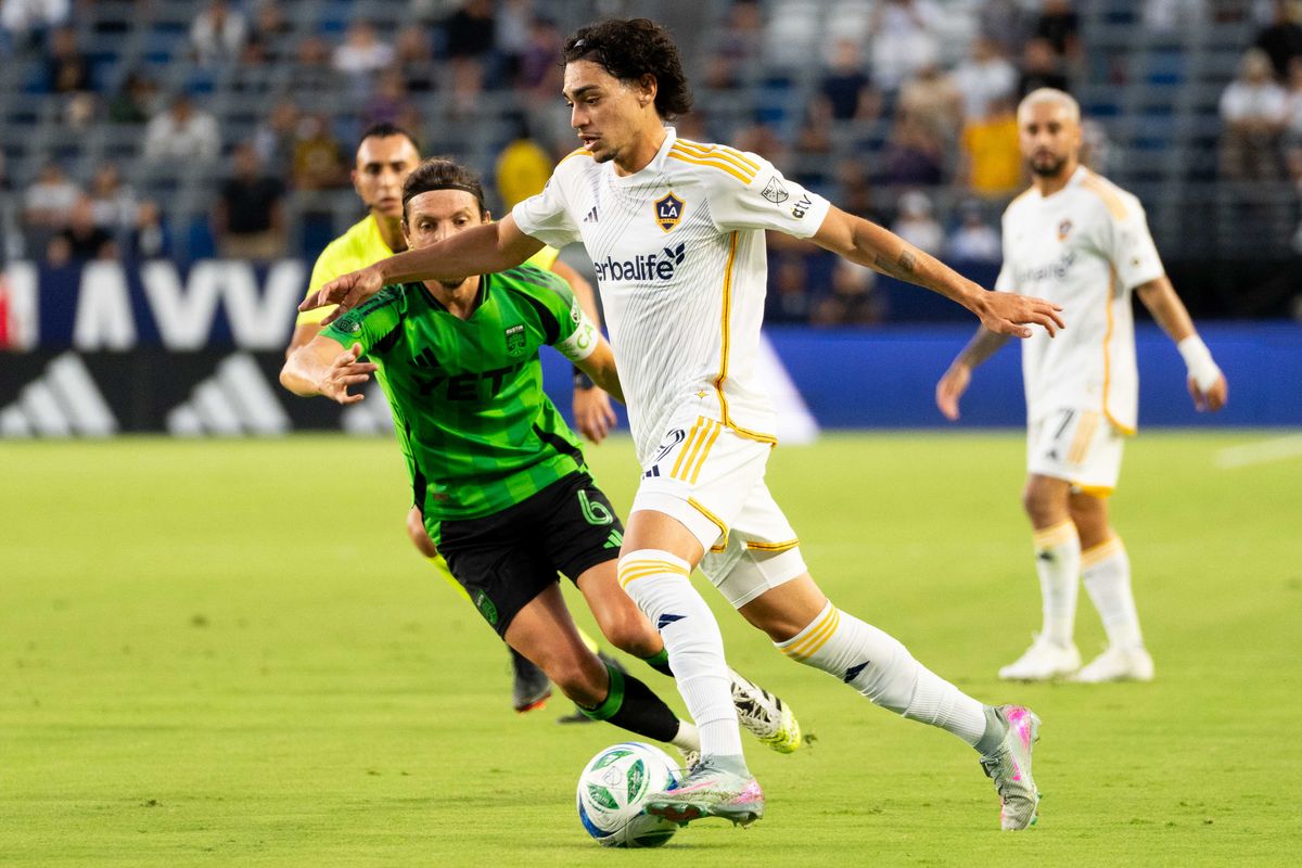 LA Galaxy forward Matheus Nasciment (9) looking to score at an MLS game against Austin FC on July 16th, 2025 in Carson, California