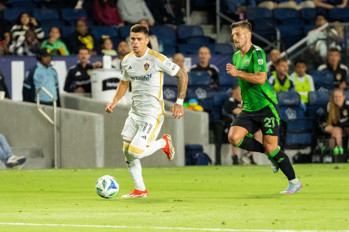 LA Galaxy right wing Gabriel Pec (11) looks to score at an MLS game against Austin FC on July 16th, 2025 in Carson, California