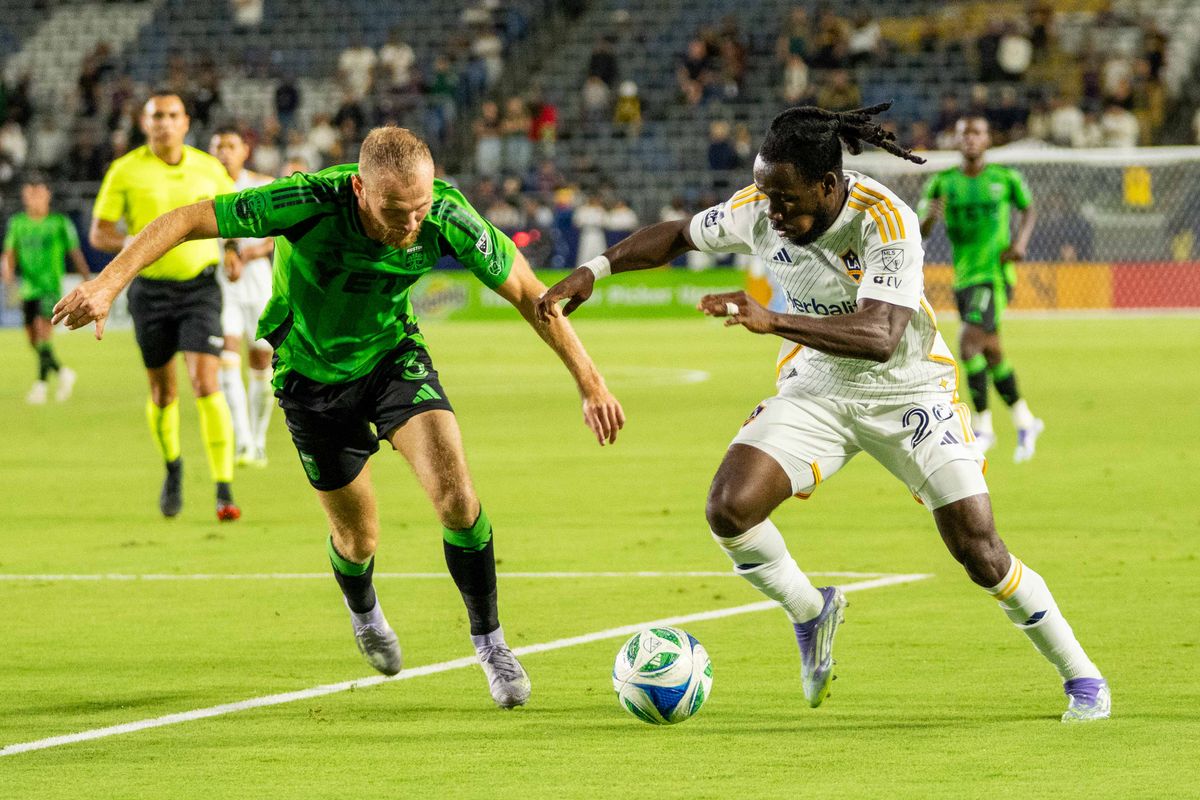 LA Galaxy left wing Joseph Paintsil (28) chasing down the ball at an MLS game against Austin FC on July 16th, 2025 in Carson, California
