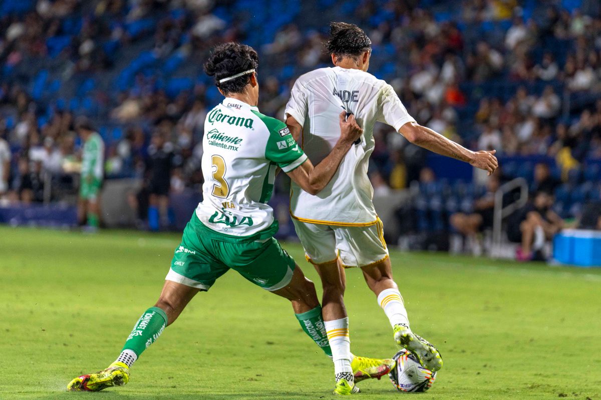 Los Angeles Galaxy defender Julian Aude (3) fights for the ball during the Leagues Cup game against Santos Laguna, Thursday August 7th, 2025 in Carson, California. 