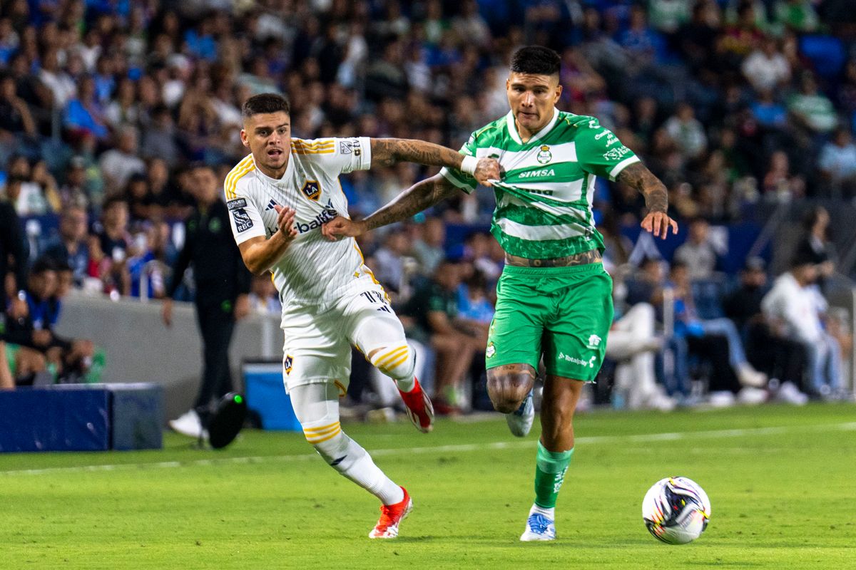Los Angeles Galaxy forward Gabriel Pec (11) fights for the ball during the Leagues Cup game against Santos Laguna, Thursday August 7th, 2025 in Carson, California. 