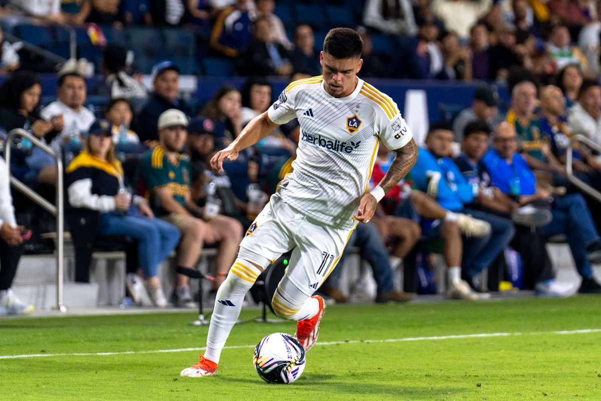 Los Angeles Galaxy forward Gabriel Pec (11) pushes the pace during the Leagues Cup game against Santos Laguna, Thursday August 7th, 2025 in Carson, California. 