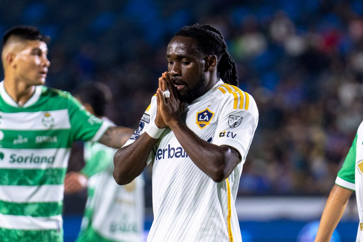 Los Angeles Galaxy forward Joseph Paintsil (28) after a miss during the Leagues Cup game against Santos Laguna, Thursday August 7th, 2025 in Carson, California. 