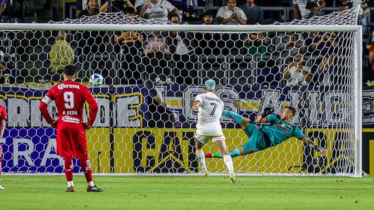Los Angeles Galaxy midfielder Diego Fagundes (7) scores during an Campeones Cup match against Toluca, Wednesday October 1, 2025 in Carson, Calif. Los Angeles Galaxy midfielder Diego Fagundes (7) scores during an Campeones Cup match against Toluca, Wednesday October 1, 2025 in Carson, Calif.