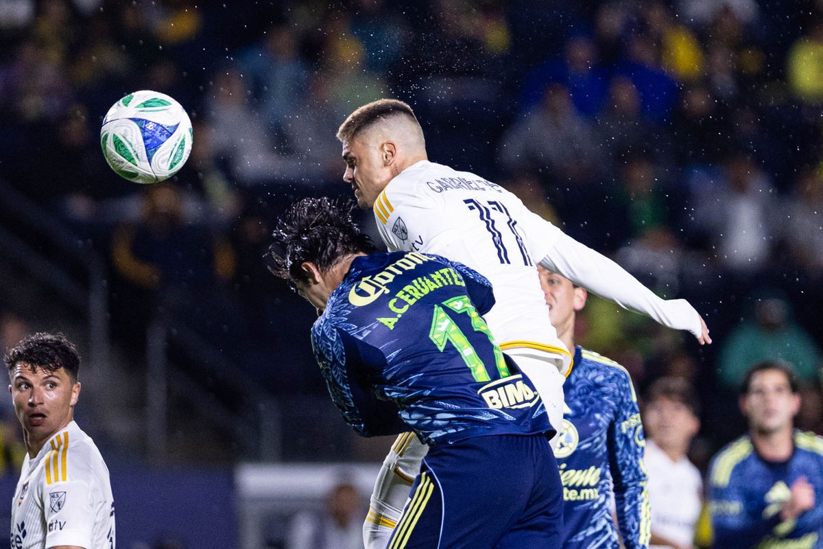 LA Galaxy Forward Gabriel Pec (11) goes for a header during a friendly match against Club America at Dignity Health Sports Park on November 15, 2025 in Carson, California.