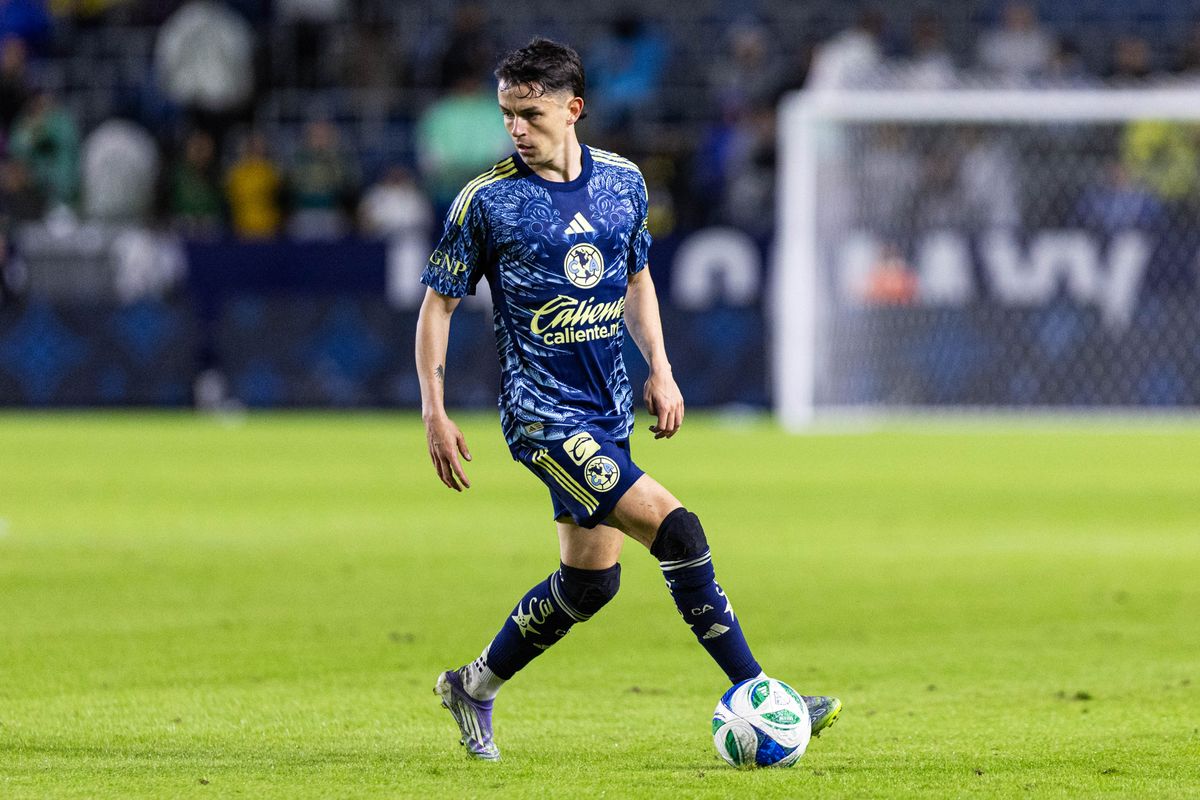 Club America Midfielder Alvaro Fidalgo (8) moves up the ball during a friendly match against LA Galaxy at Dignity Health Sports Park on November 15, 2025 in Carson, California.
