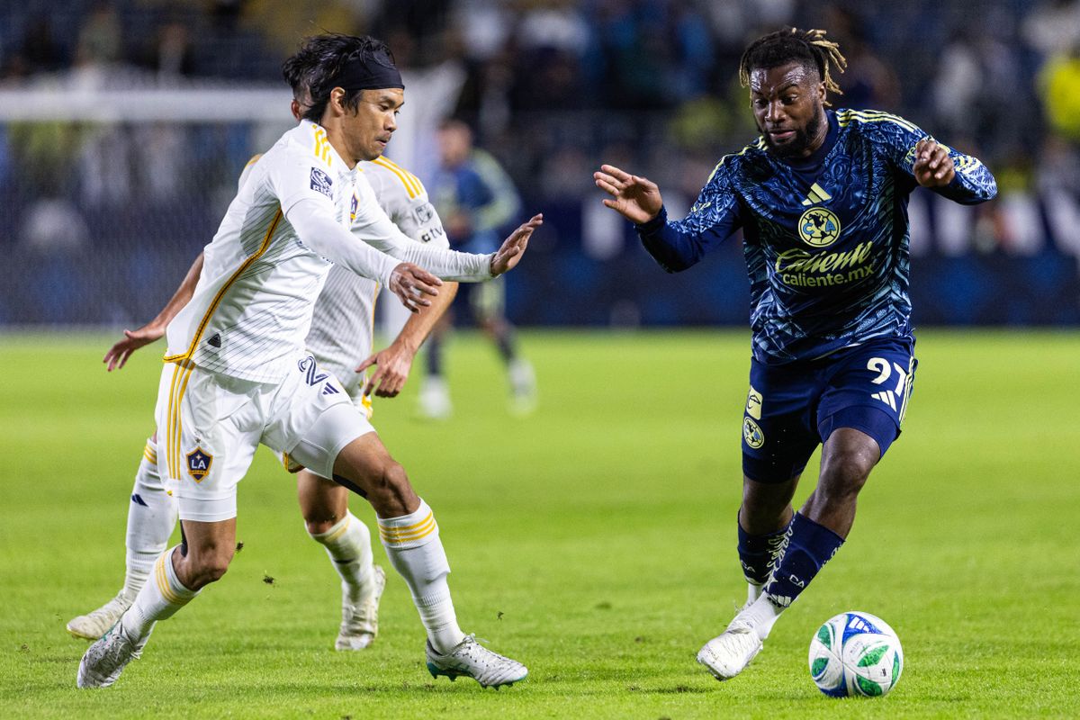 Club America Forward Allan Saint-Maximin (97) attacks with the ball during a friendly match against LA Galaxy at Dignity Health Sports Park on November 15, 2025 in Carson, California.