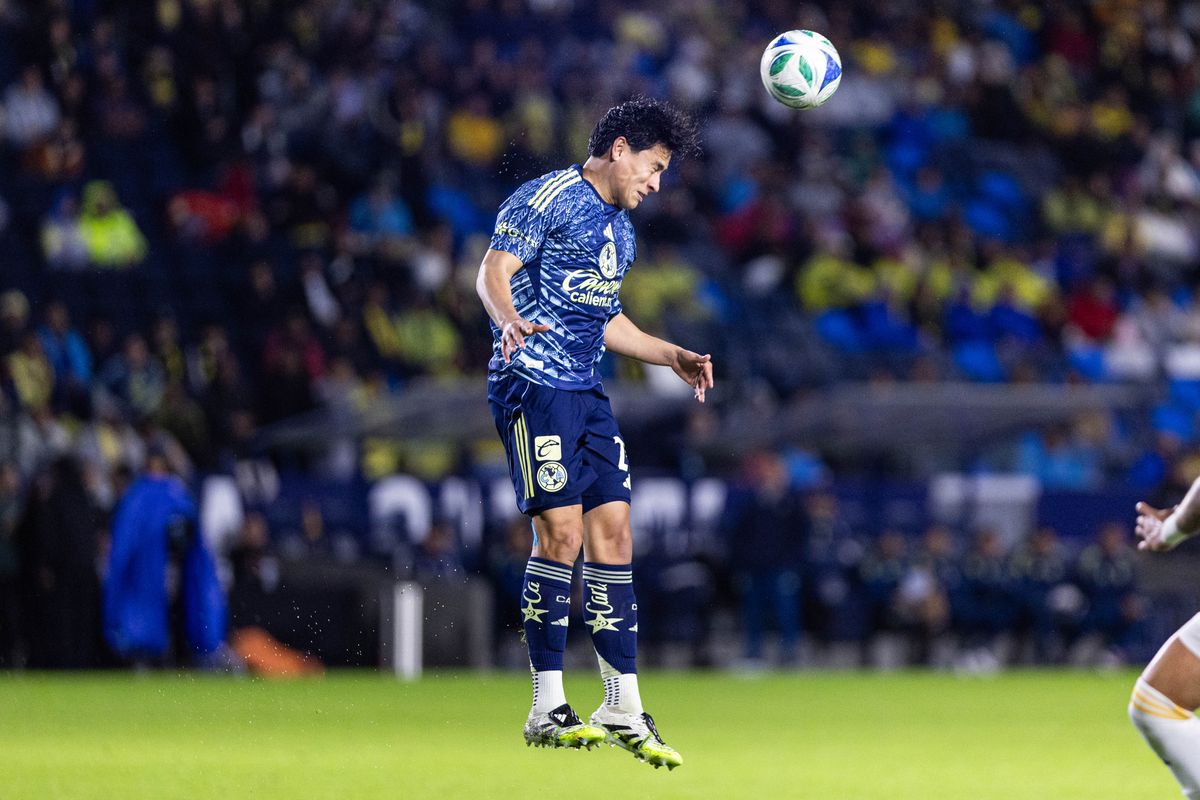 Club America Defender Ramon Juarez (29) goes for a header during a friendly match against LA Galaxy at Dignity Health Sports Park on November 15, 2025 in Carson, California.