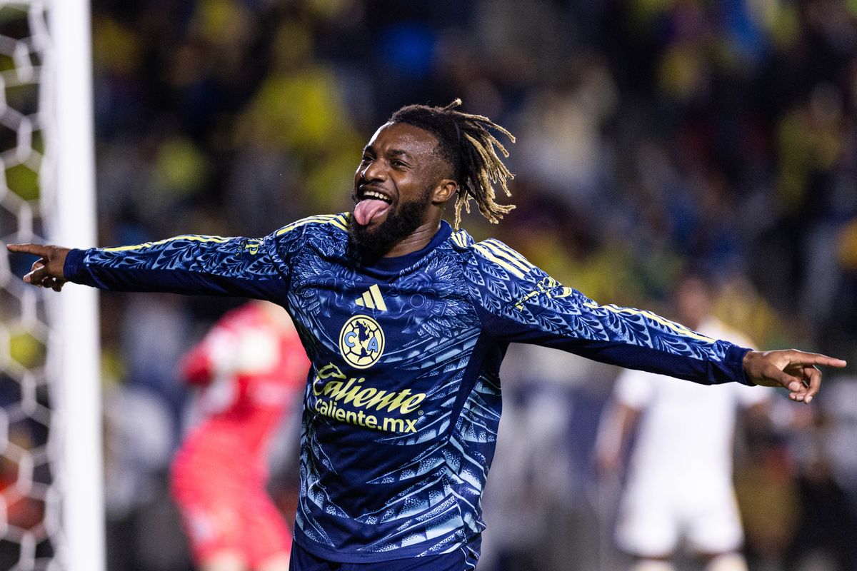 Club America Forward Allan Saint-Maximin (97) celebrates after a goal during a friendly match against LA Galaxy at Dignity Health Sports Park on November 15, 2025 in Carson, California.